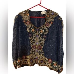 FASHIONABLE EVENING Vintage Embellished Colorful Beaded Black Silk Jacket
